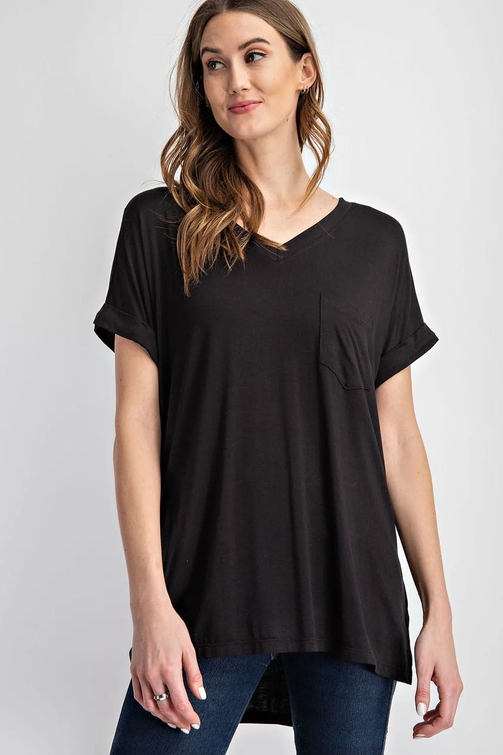 Saylor High-Low Vneck Pocket Tee w/Cuff Sleeve   Side Slit (6 colors!)