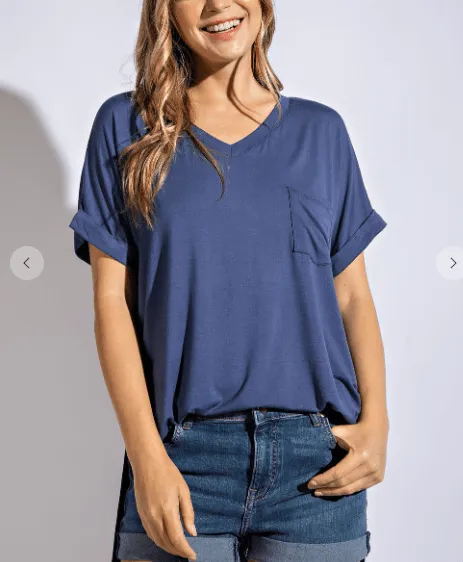 Saylor High-Low Vneck Pocket Tee w/Cuff Sleeve   Side Slit (6 colors!)
