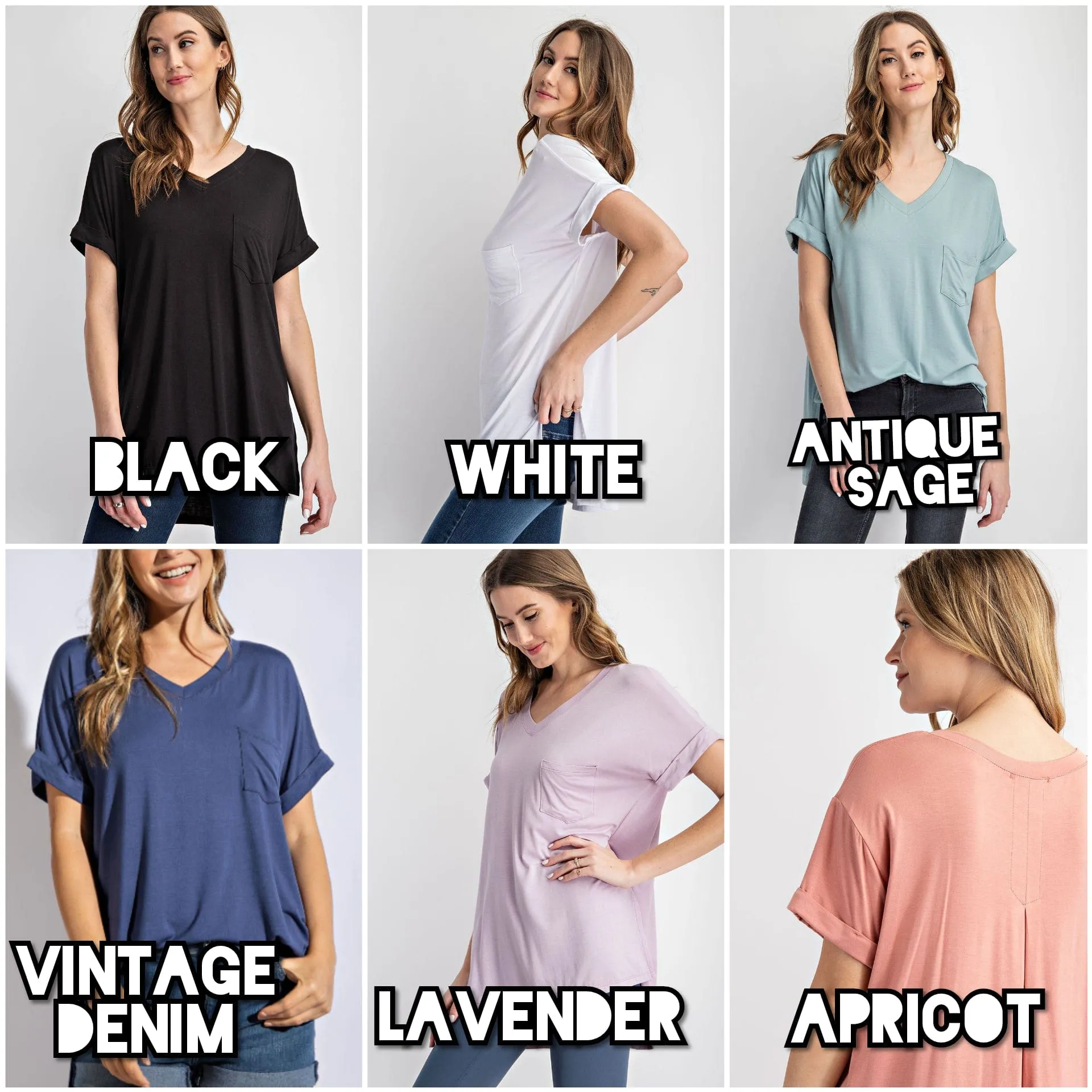Saylor High-Low Vneck Pocket Tee w/Cuff Sleeve   Side Slit (6 colors!)