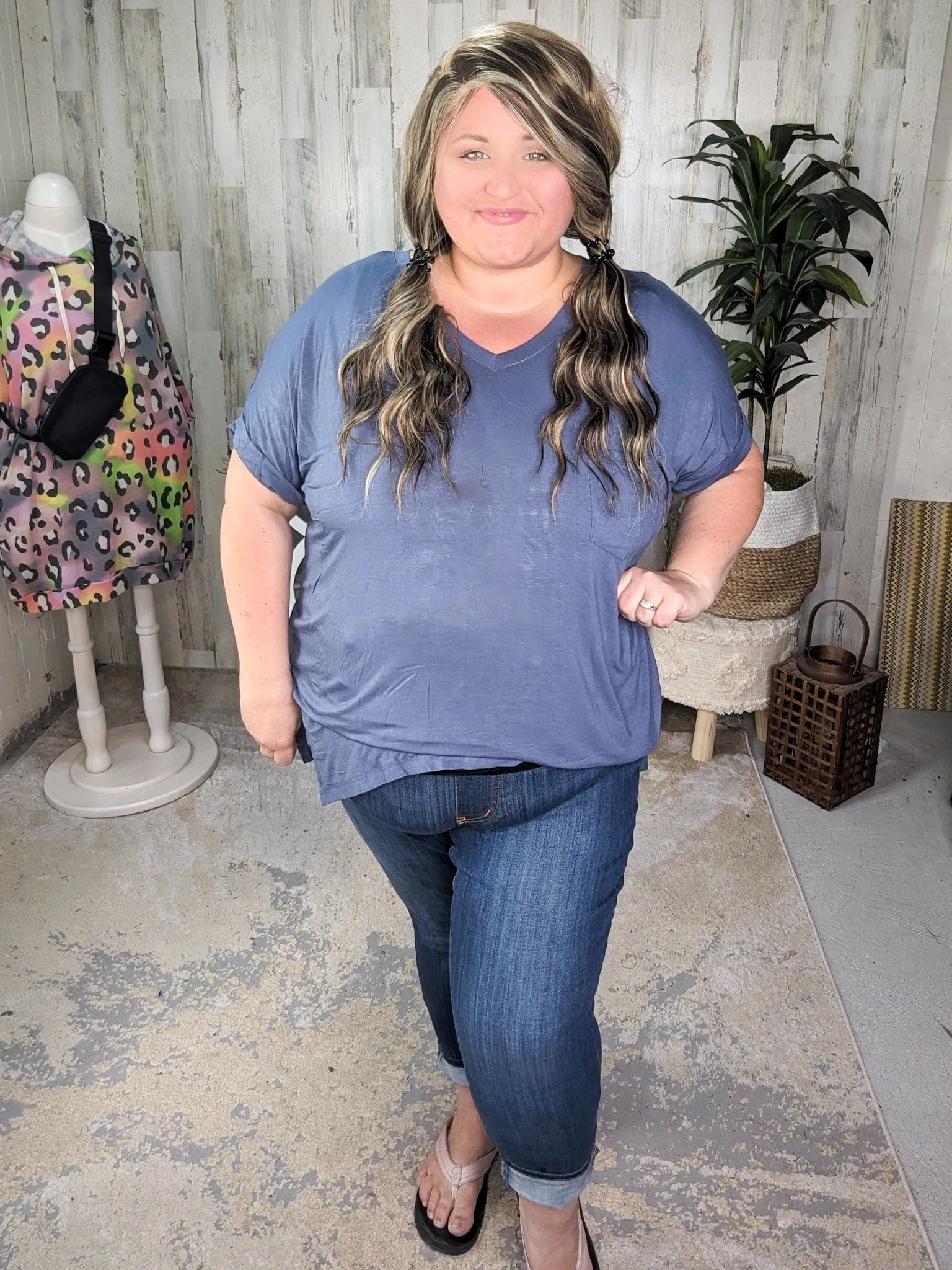 Saylor High-Low Vneck Pocket Tee w/Cuff Sleeve   Side Slit (6 colors!)