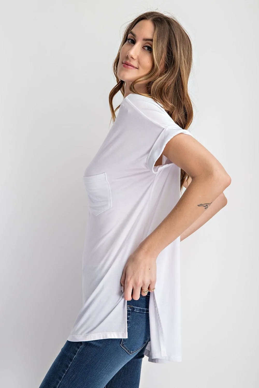 Saylor High-Low Vneck Pocket Tee w/Cuff Sleeve   Side Slit (6 colors!)