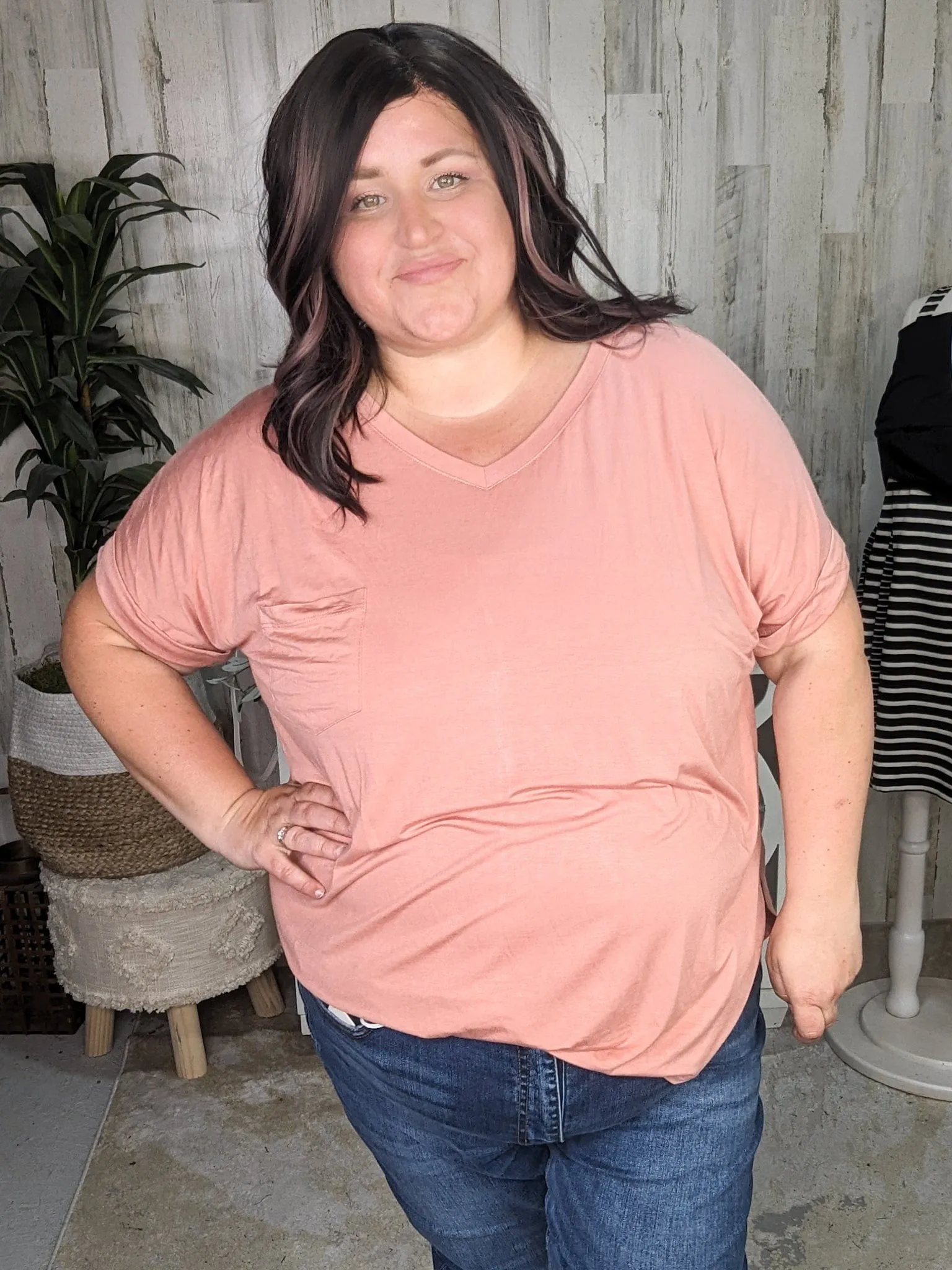 Saylor High-Low Vneck Pocket Tee w/Cuff Sleeve   Side Slit (6 colors!)