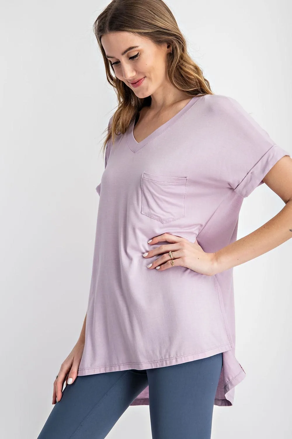 Saylor High-Low Vneck Pocket Tee w/Cuff Sleeve   Side Slit (6 colors!)