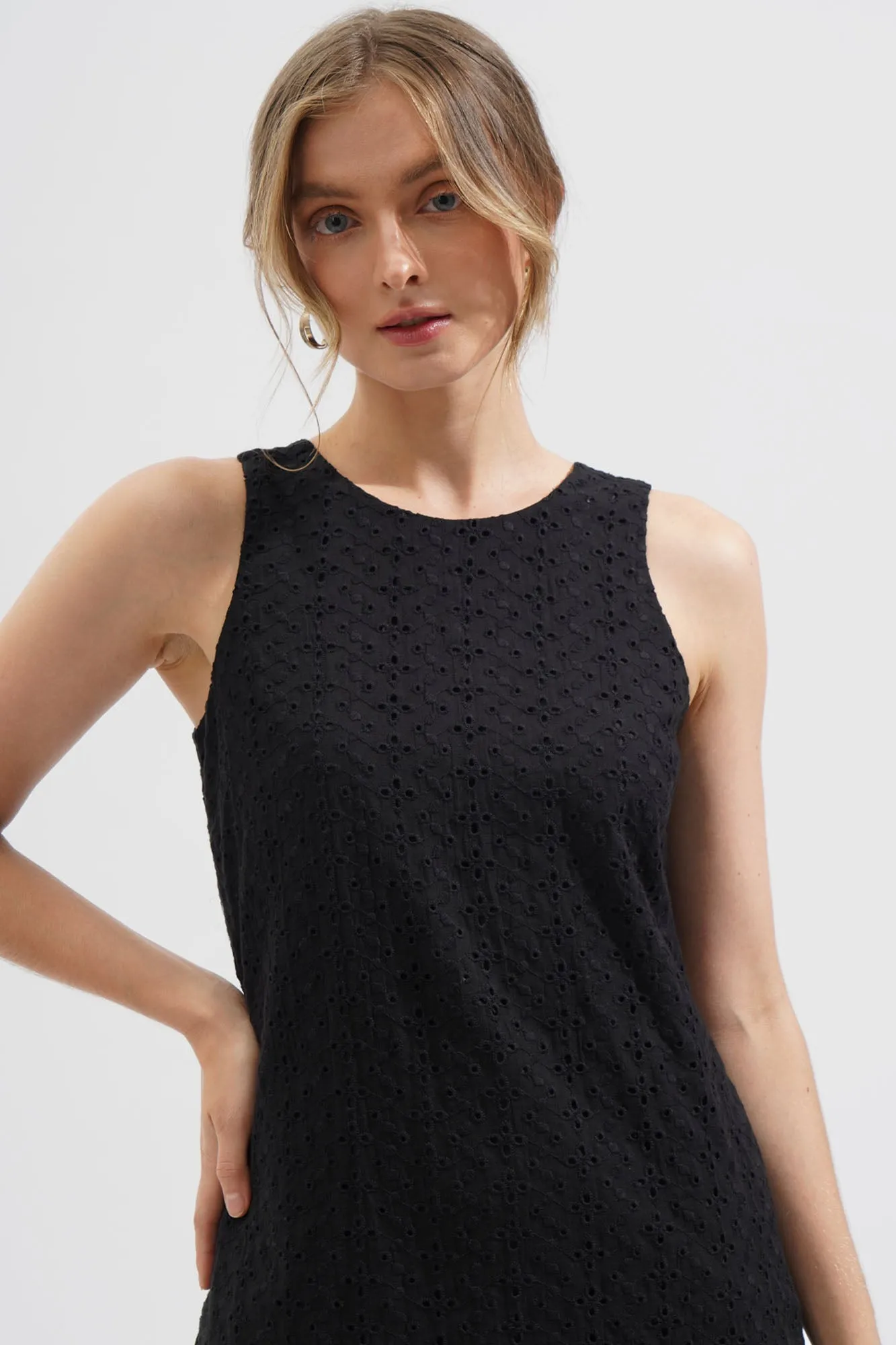 Scoop Neck Eyelet Column Dress