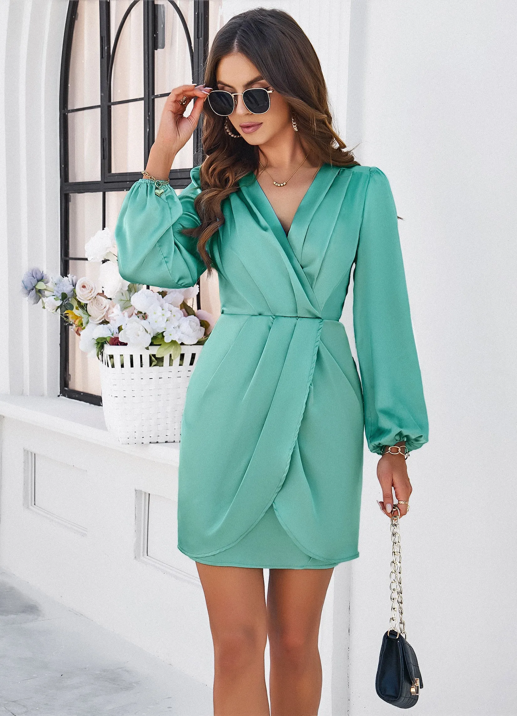Sea Green Pleated Wrap Mini Dress