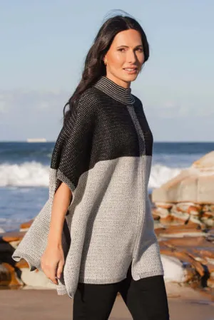 See Saw Australian Wool Jacquard Poncho in Black Silver White