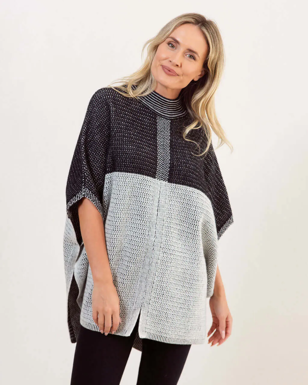 See Saw Australian Wool Jacquard Poncho in Black Silver White