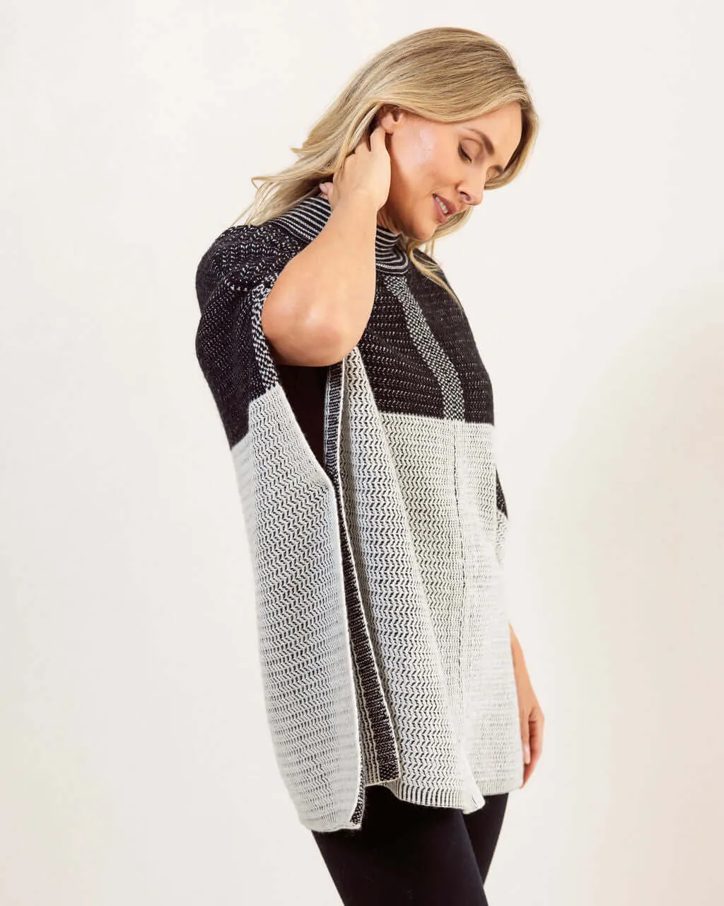 See Saw Australian Wool Jacquard Poncho in Black Silver White