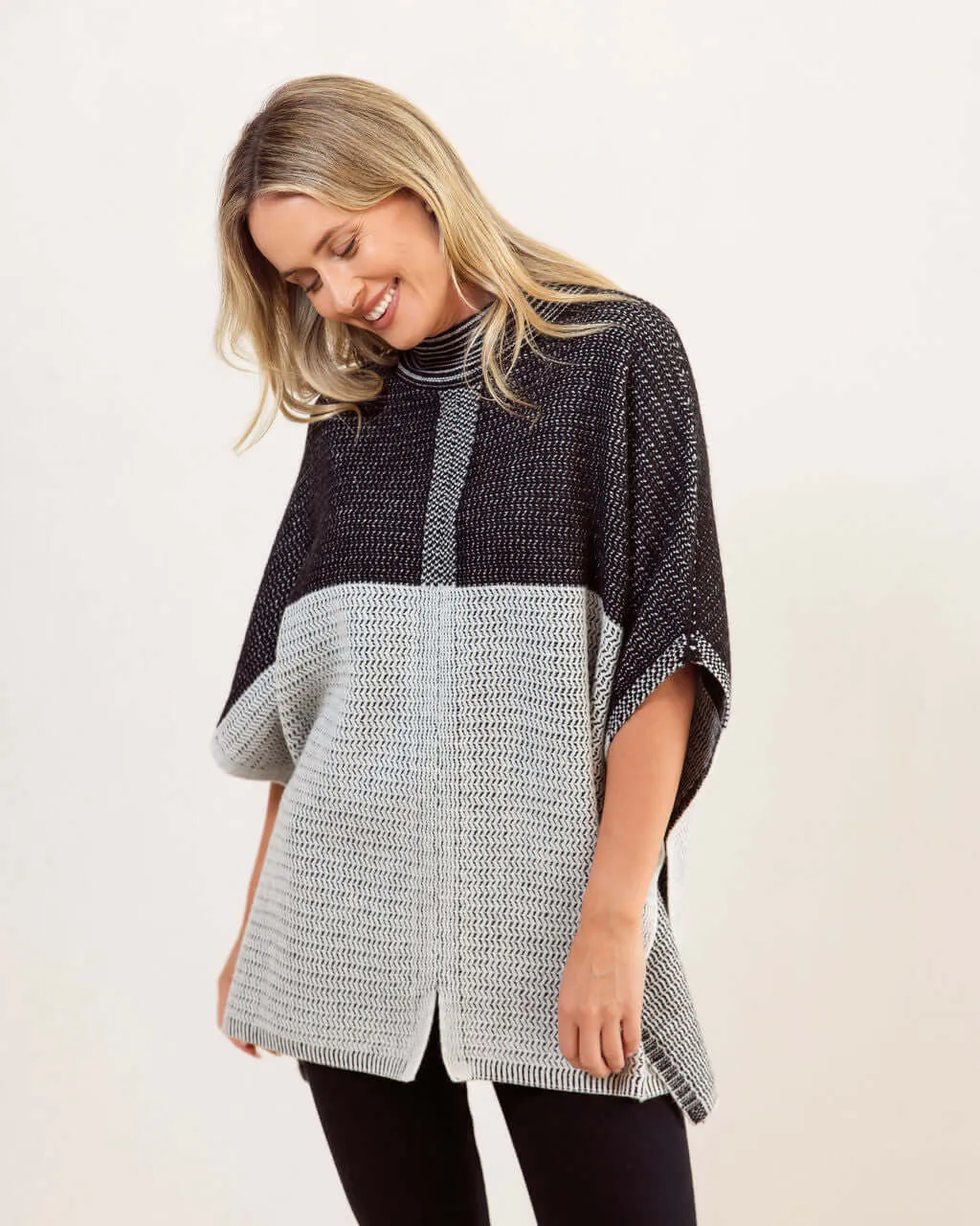 See Saw Australian Wool Jacquard Poncho in Black Silver White