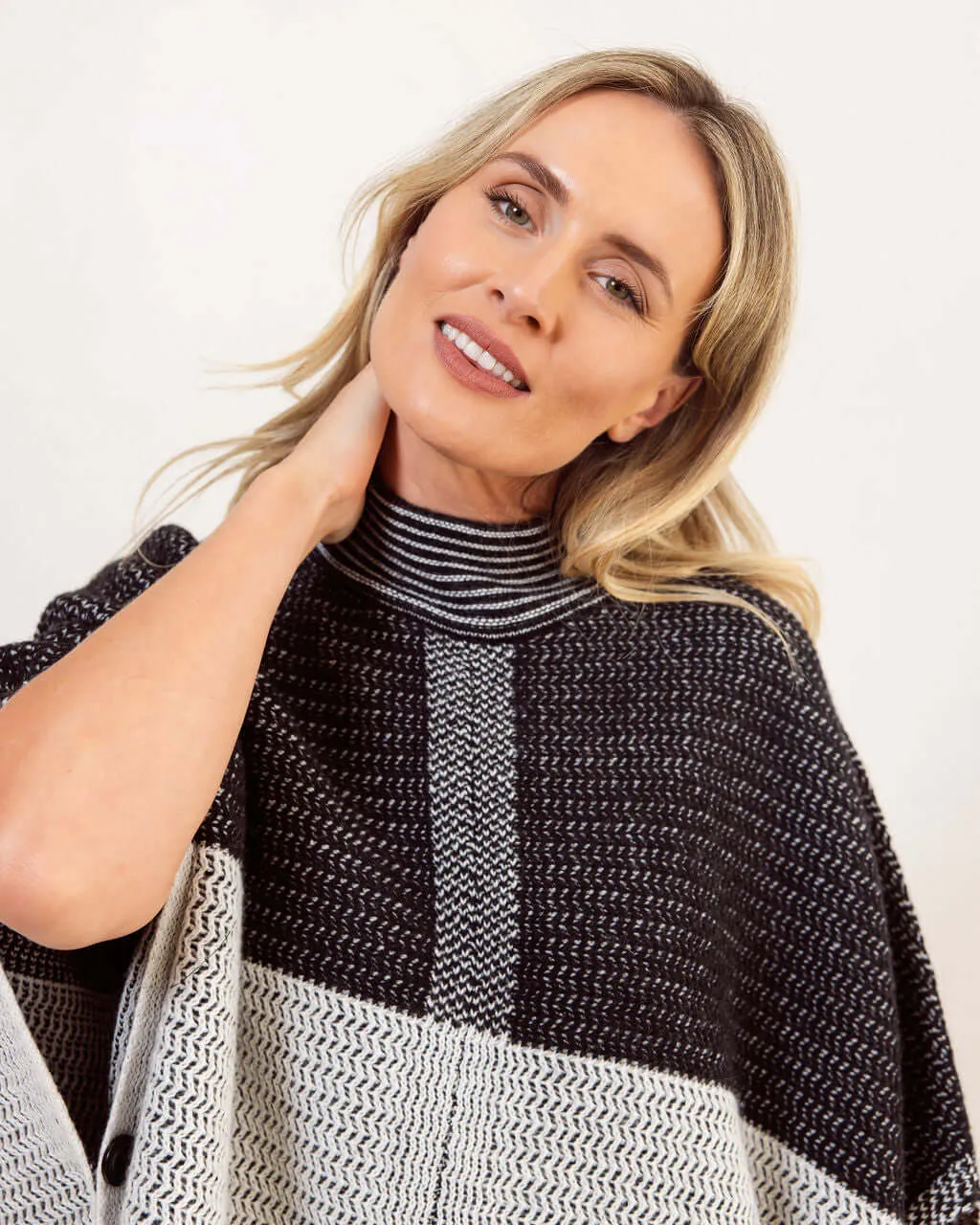 See Saw Australian Wool Jacquard Poncho in Black Silver White