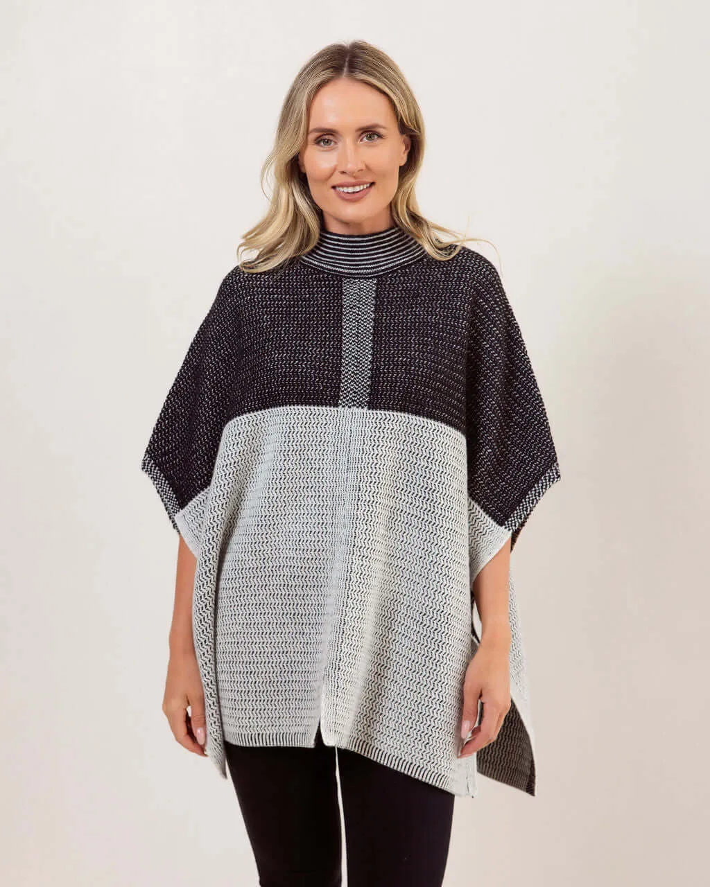 See Saw Australian Wool Jacquard Poncho in Black Silver White