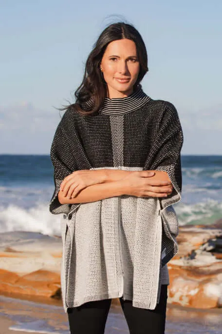 See Saw Australian Wool Jacquard Poncho in Black Silver White