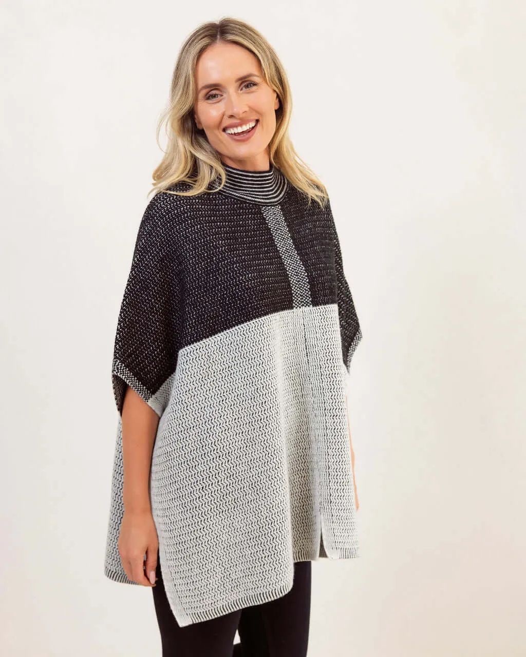 See Saw Australian Wool Jacquard Poncho in Black Silver White