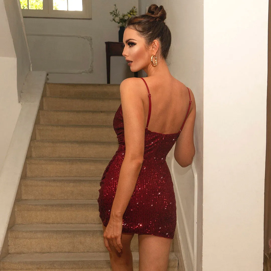 Sequin Ruched Wrap Trim Deep V Slip Party Mini Dress - Burgundy