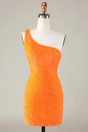 Sequins One-Shoulder Orange Tight Beading Short Homecoming Dress