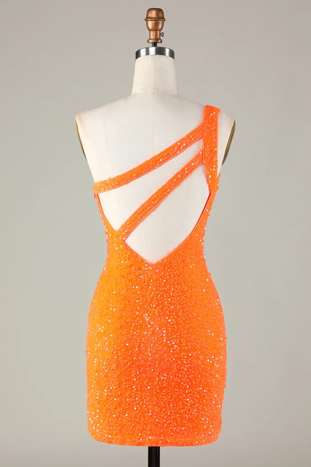 Sequins One-Shoulder Orange Tight Beading Short Homecoming Dress
