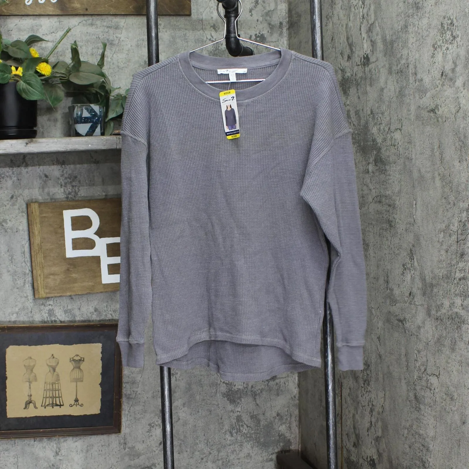 Seven7 Women's High-Low Hem Super Soft Waffle Knit Crew Pullover Top 7M70063