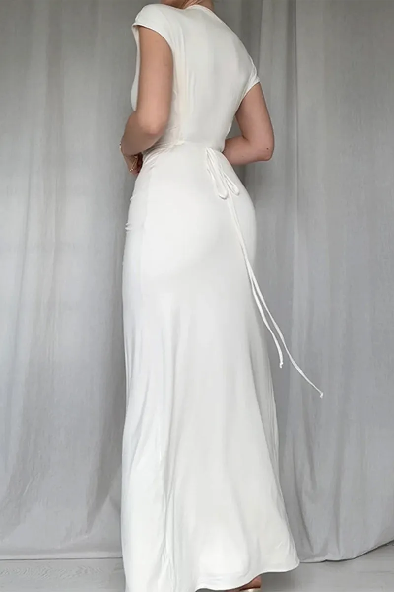 Sexy Slit Ruched O Neck Long Short Sleeve Dress