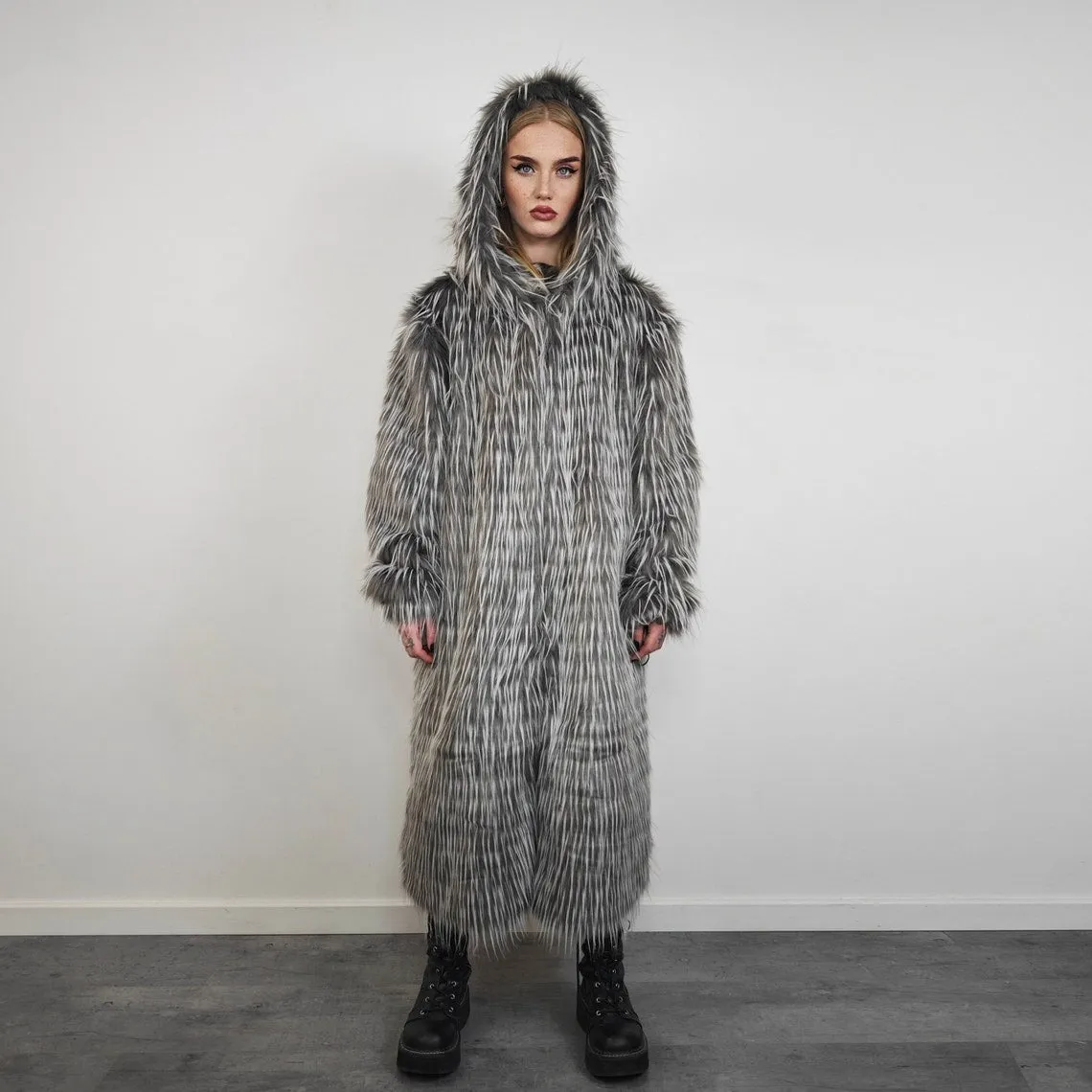Shaggy fur coat stripe pattern longline collarless trench rocker overcoat long hair bomber festival jacket customizable peacoat grey white