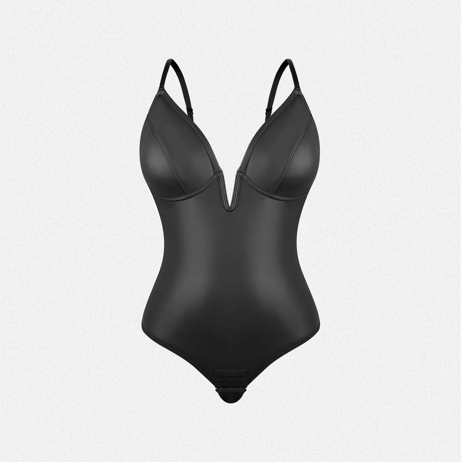 Shaperin Faux Leather Deep V Neck Shapewear Corset Bodysuit