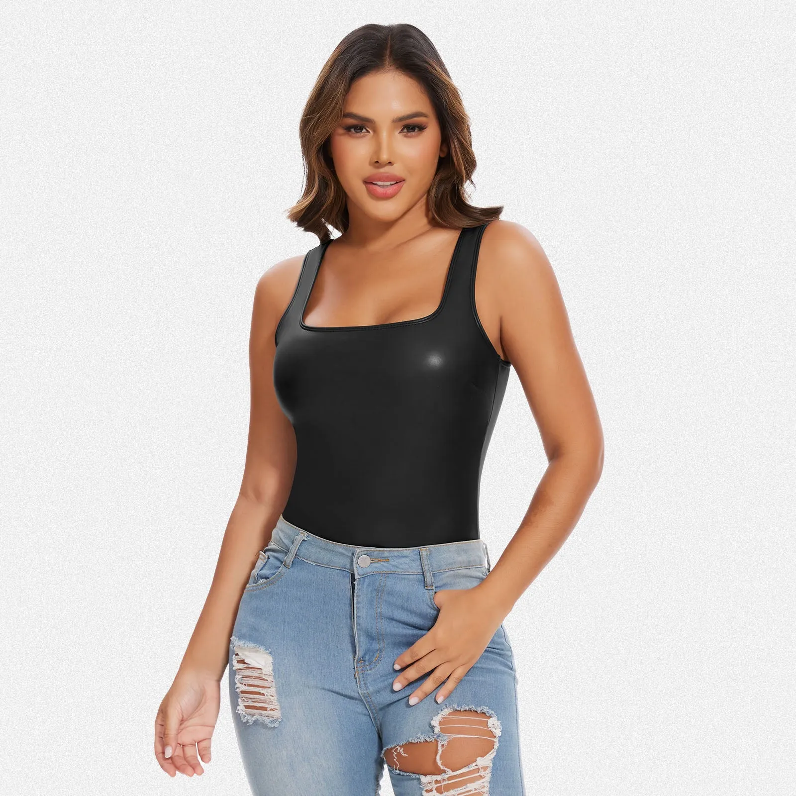 Shaperin Faux Leather Square Neck Shapewear Sculpting Bodysuit