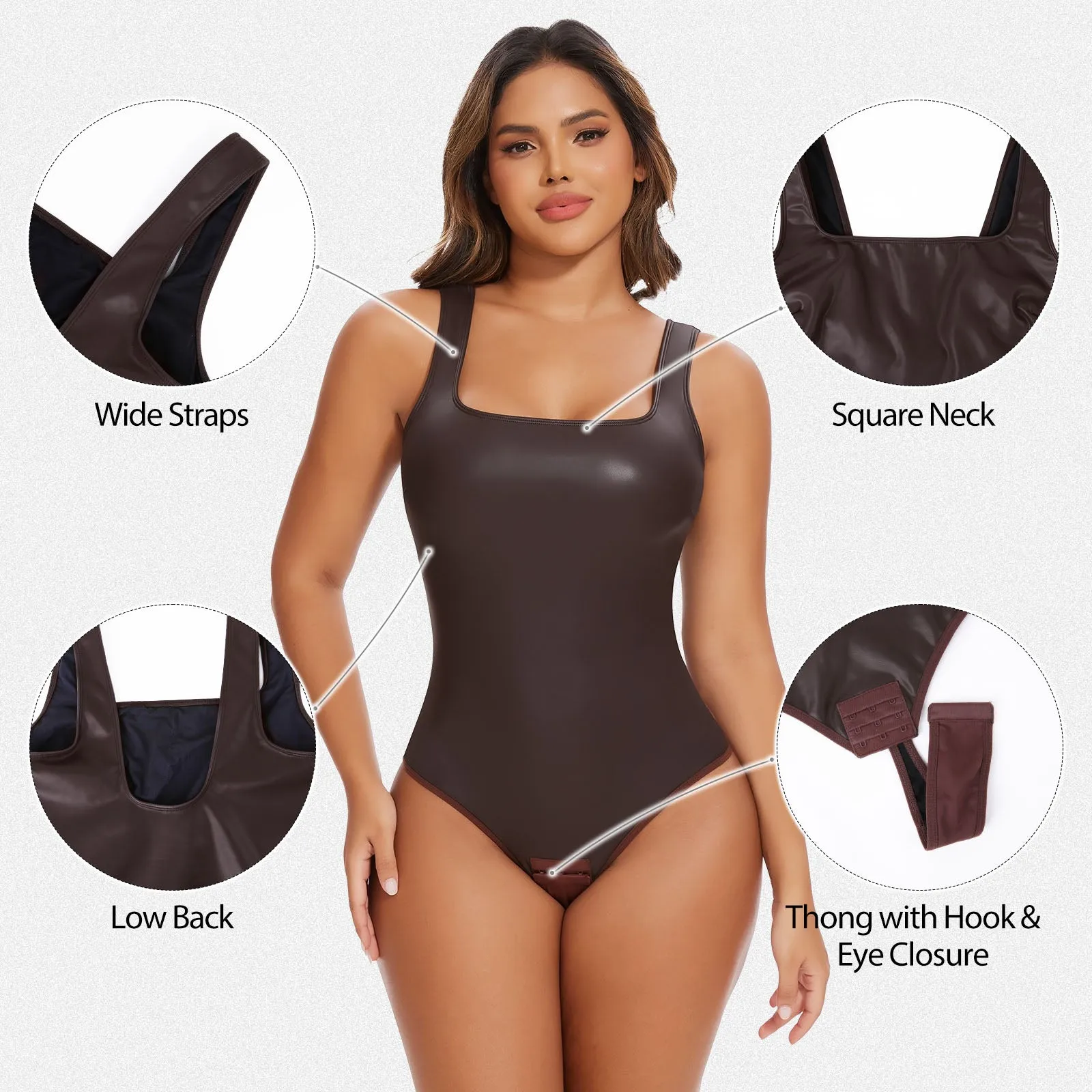 Shaperin Faux Leather Square Neck Shapewear Sculpting Bodysuit