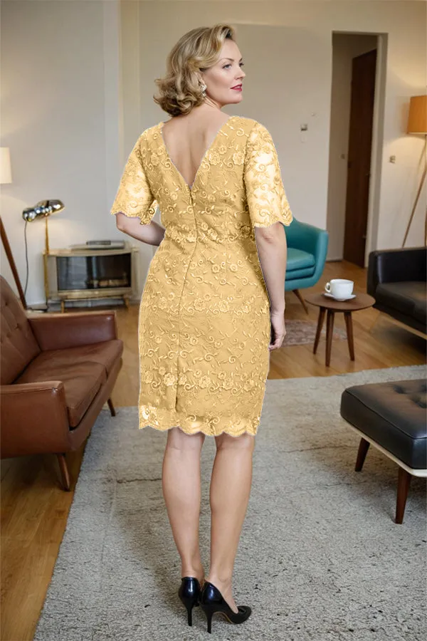 Sheath Lace Half Sleeves Knee Length Mother of the Bride Dress
