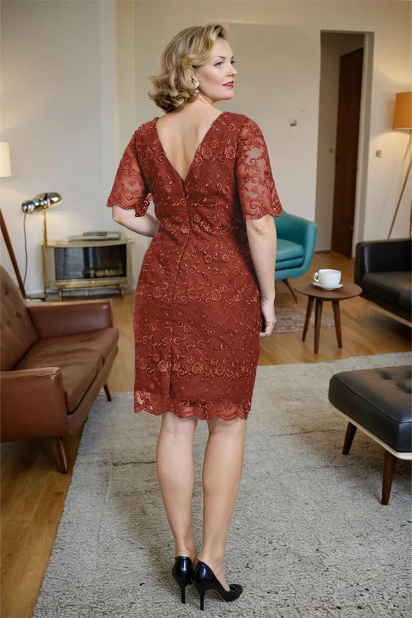 Sheath Lace Half Sleeves Knee Length Mother of the Bride Dress
