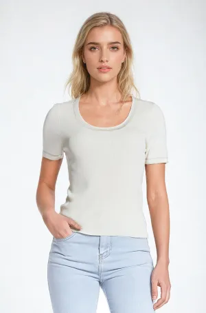 Short Sleeve sweater In beige With Silver Seam at Round Neck