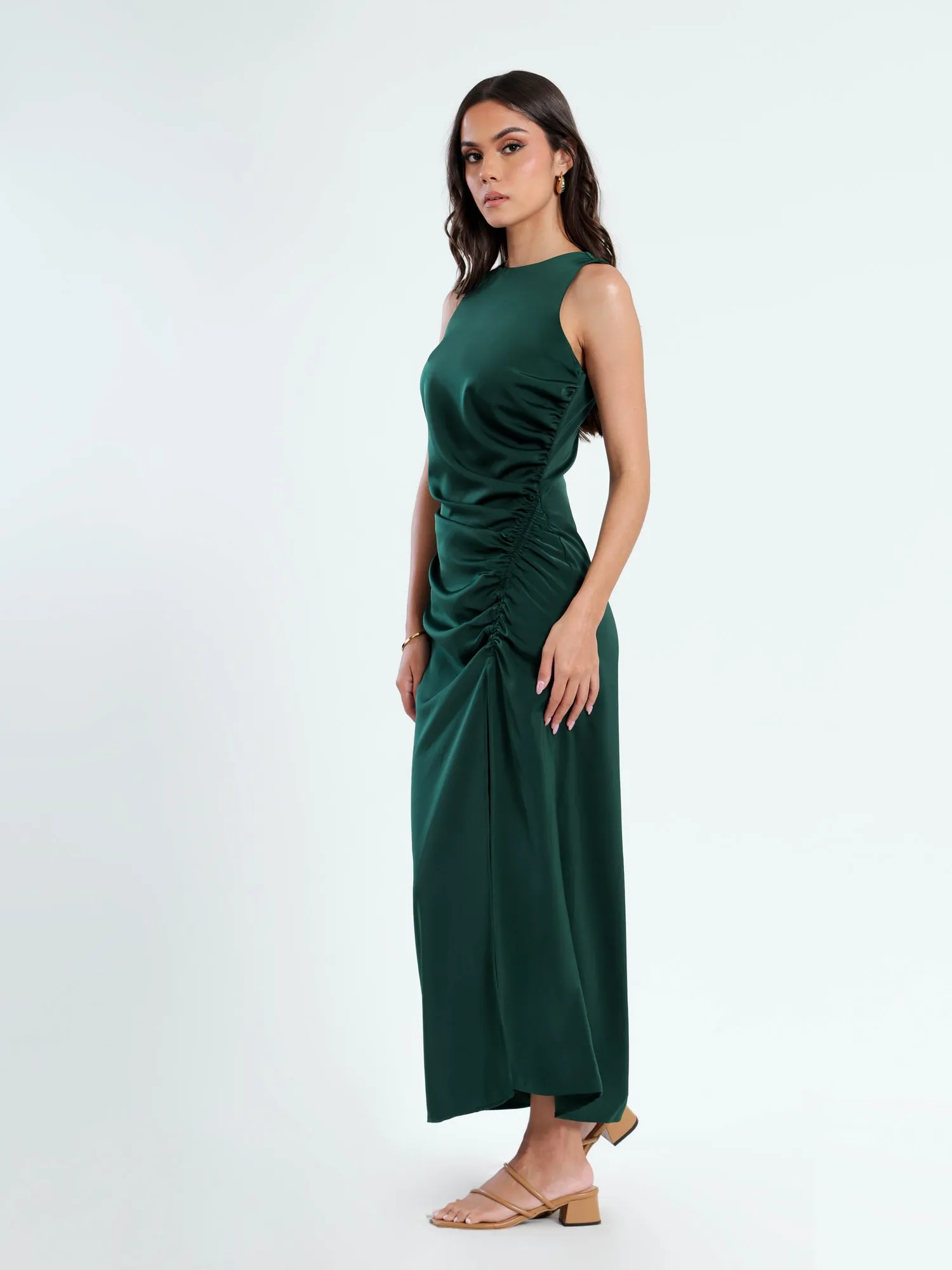 Side Ruched Slit Detailed High Neck Satin Midi Dress