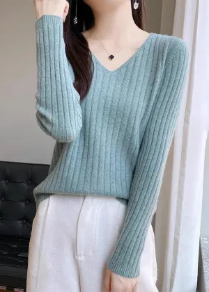 Simple Blue V Neck Solid Knit Sweaters Fall