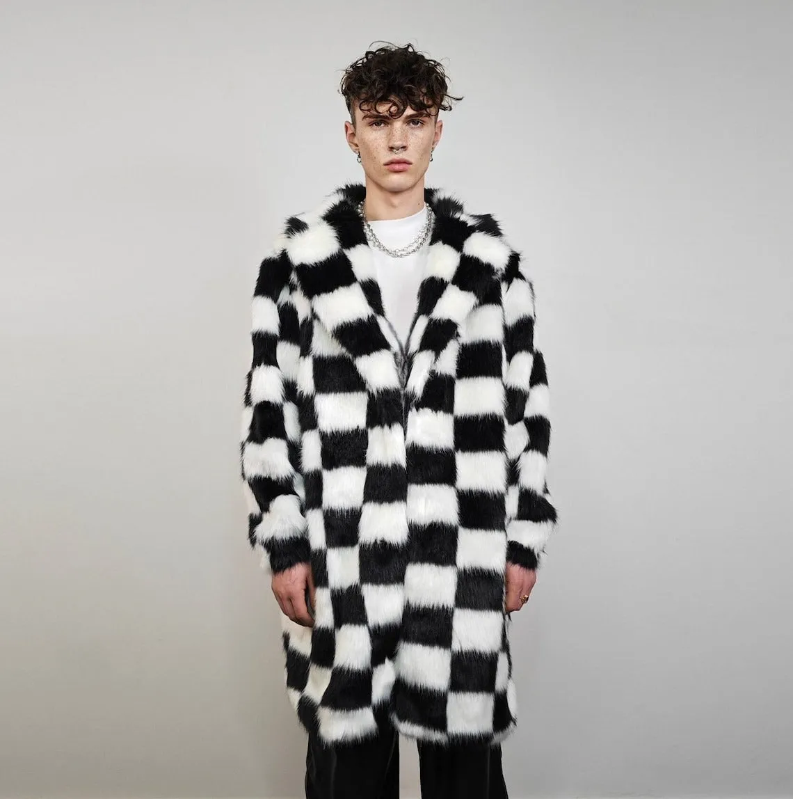 SKA check fur coat plaid long trench chequered gothic overcoat chess pattern bomber festival geometric jacket customizable geometric peacoat
