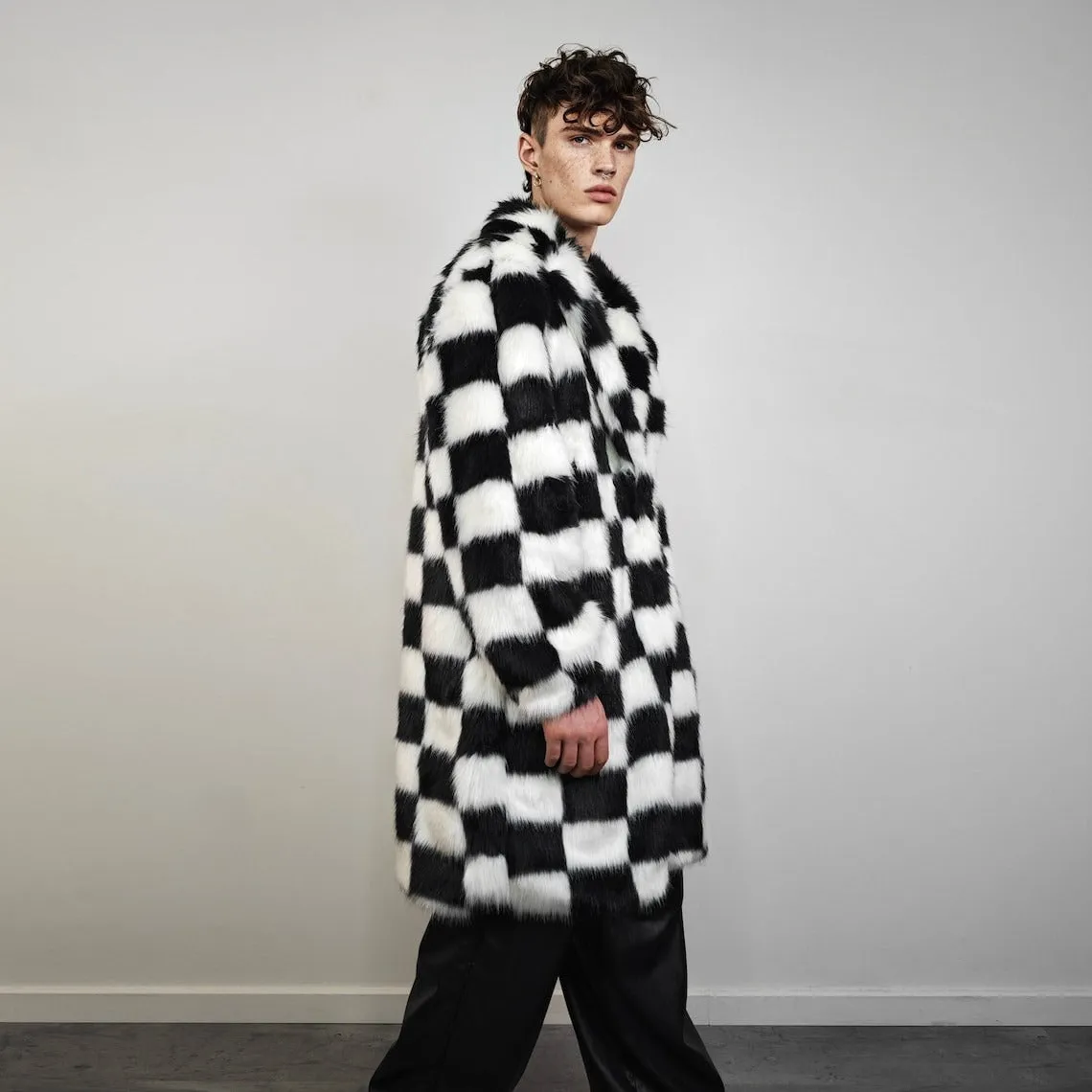 SKA check fur coat plaid long trench chequered gothic overcoat chess pattern bomber festival geometric jacket customizable geometric peacoat