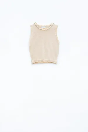 Sleeveless beige Sweater With Crew Neckline And Braid Detail At Neckline