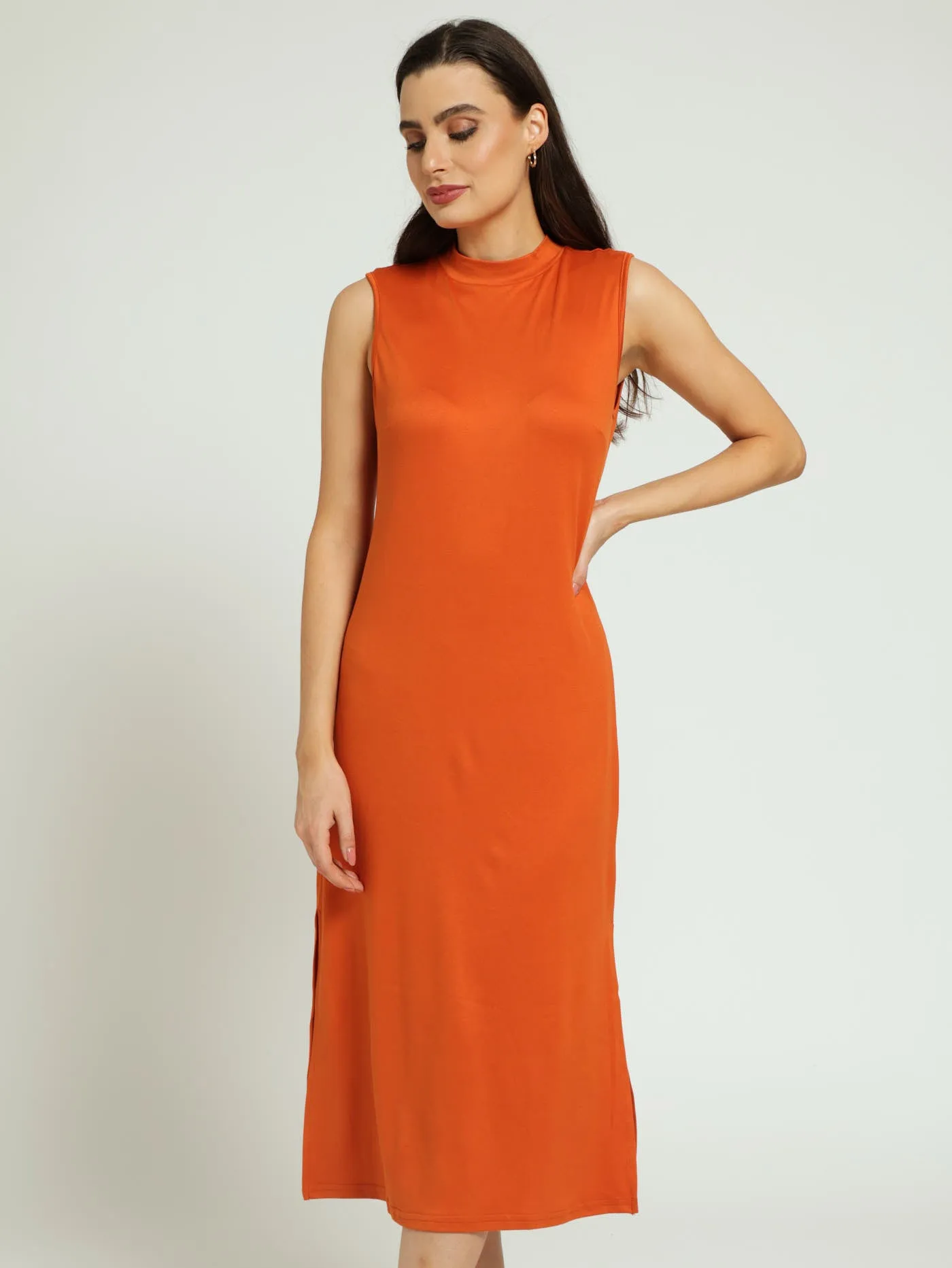 Sleeveless Turtle Neck Midi Column Dress With Side Slits - Rust