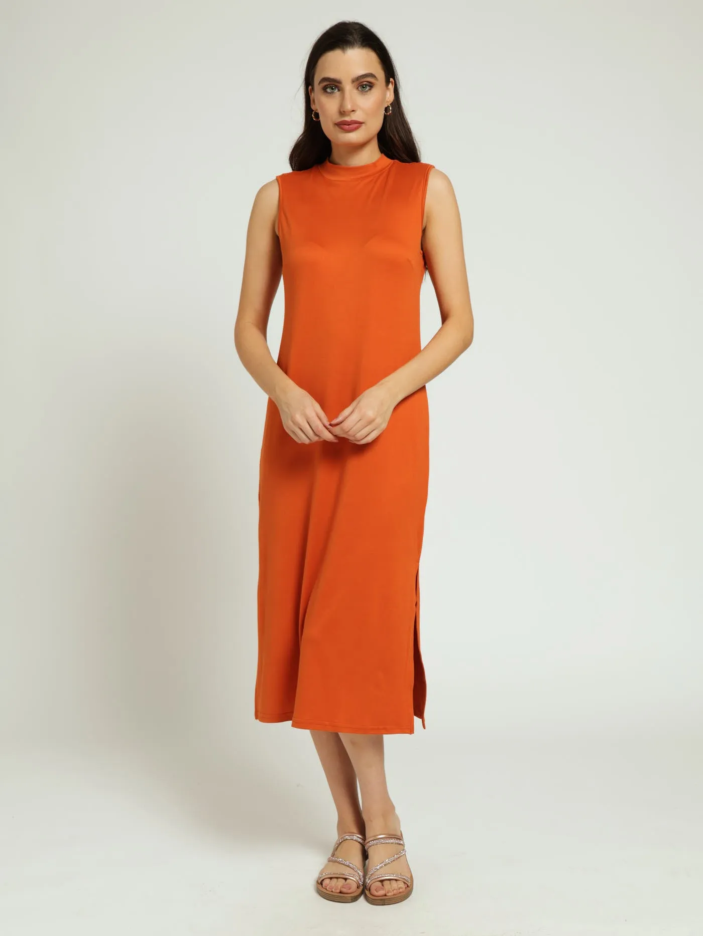 Sleeveless Turtle Neck Midi Column Dress With Side Slits - Rust