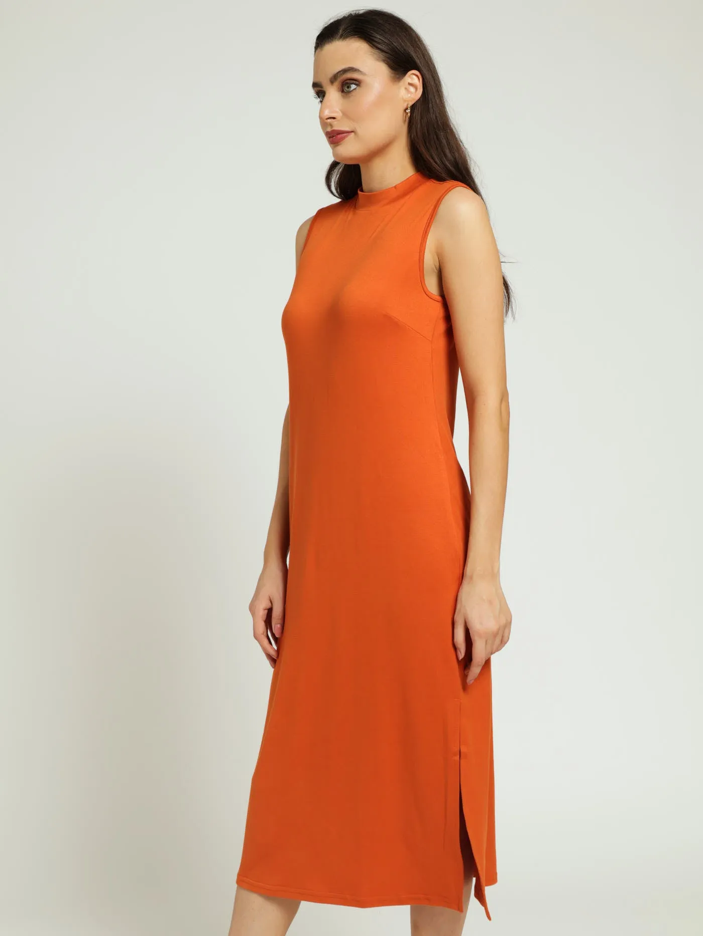 Sleeveless Turtle Neck Midi Column Dress With Side Slits - Rust