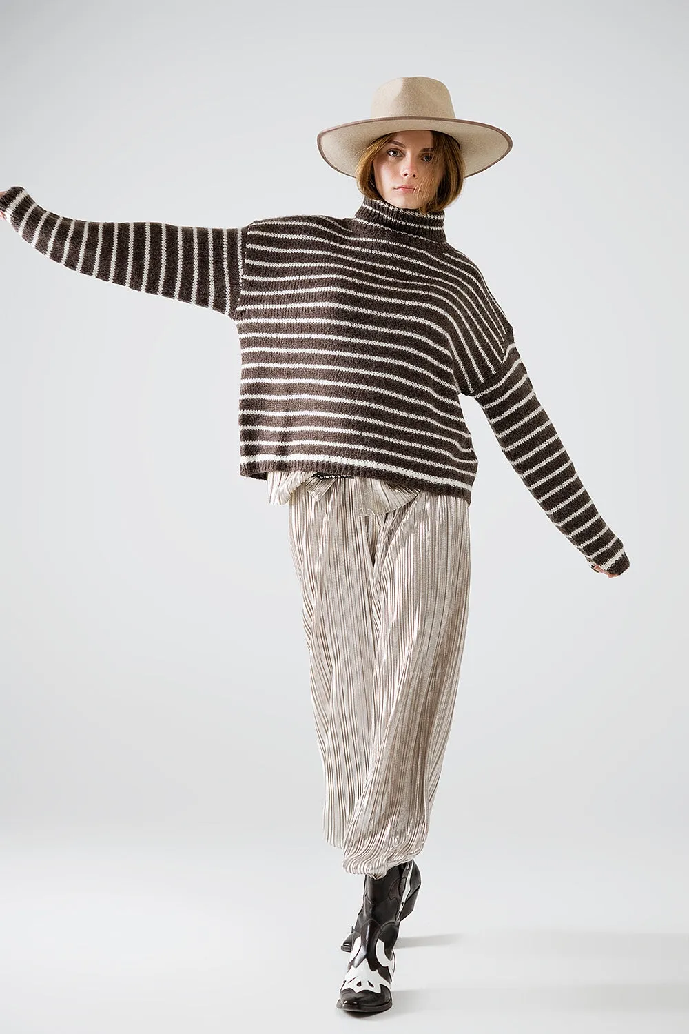 soft knit striped turtleneck sweater in brown