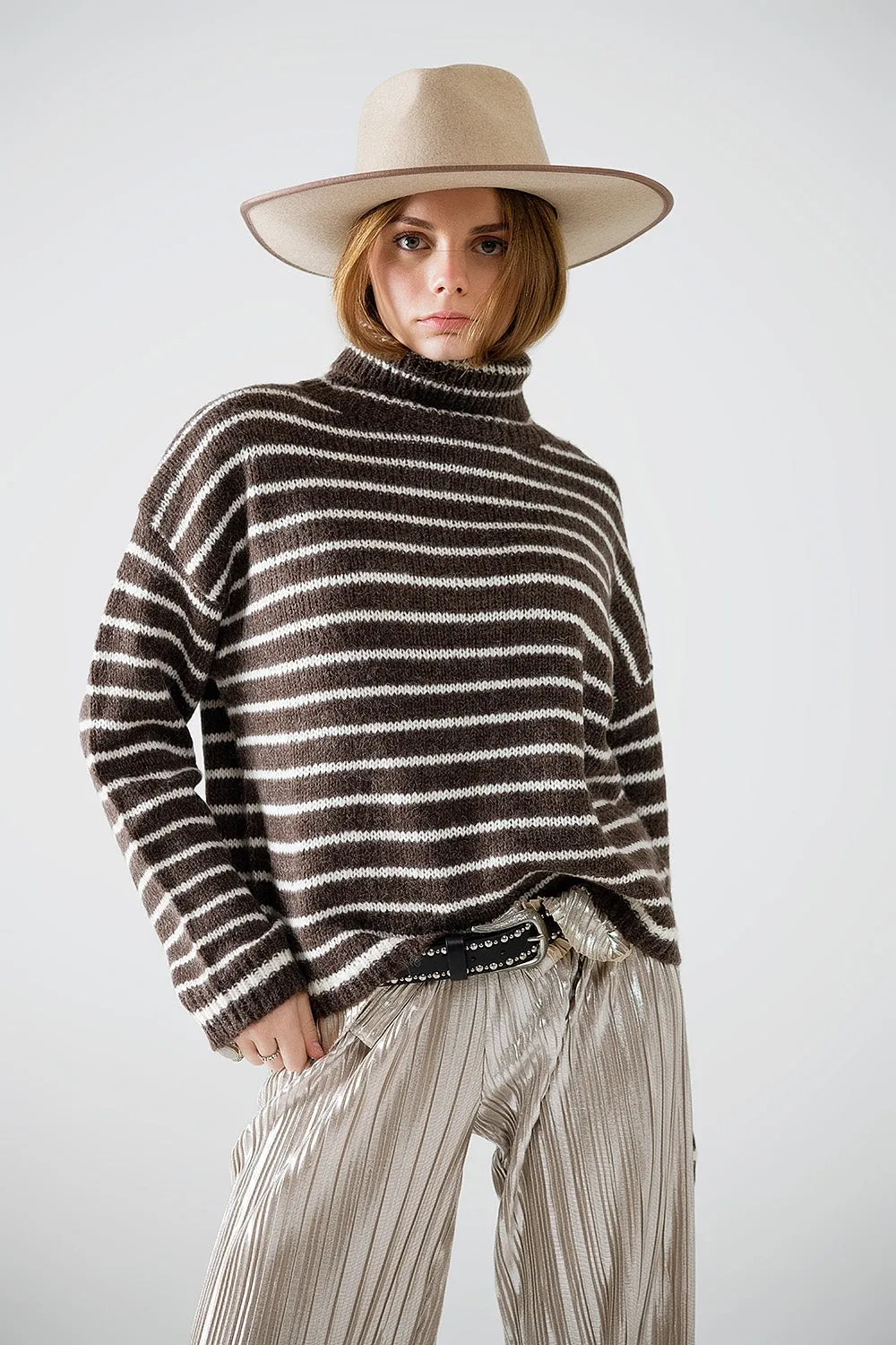 soft knit striped turtleneck sweater in brown