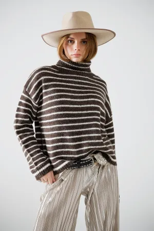 soft knit striped turtleneck sweater in brown