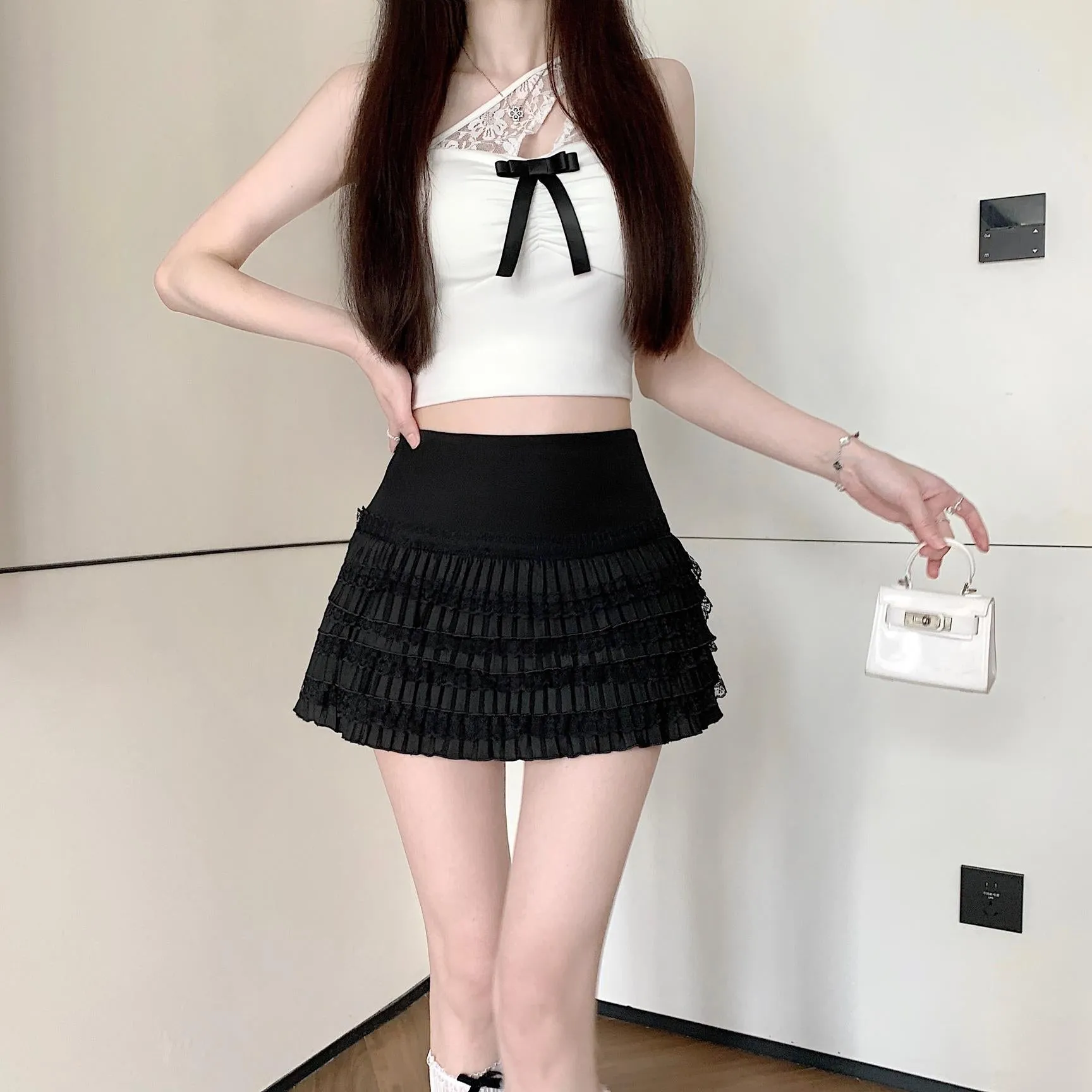 Solid Pleated Skirt Featuring Beautiful Lace Trim