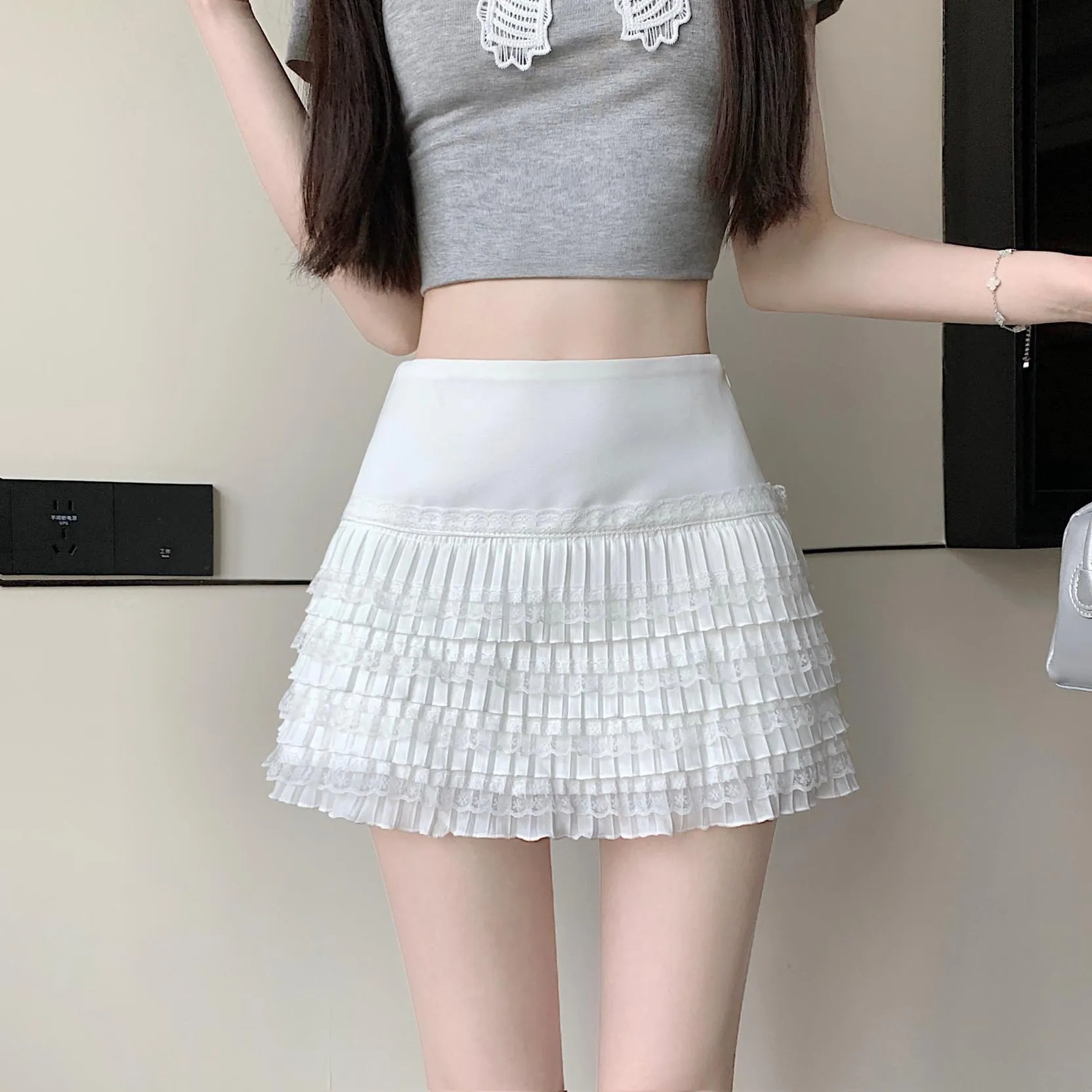 Solid Pleated Skirt Featuring Beautiful Lace Trim