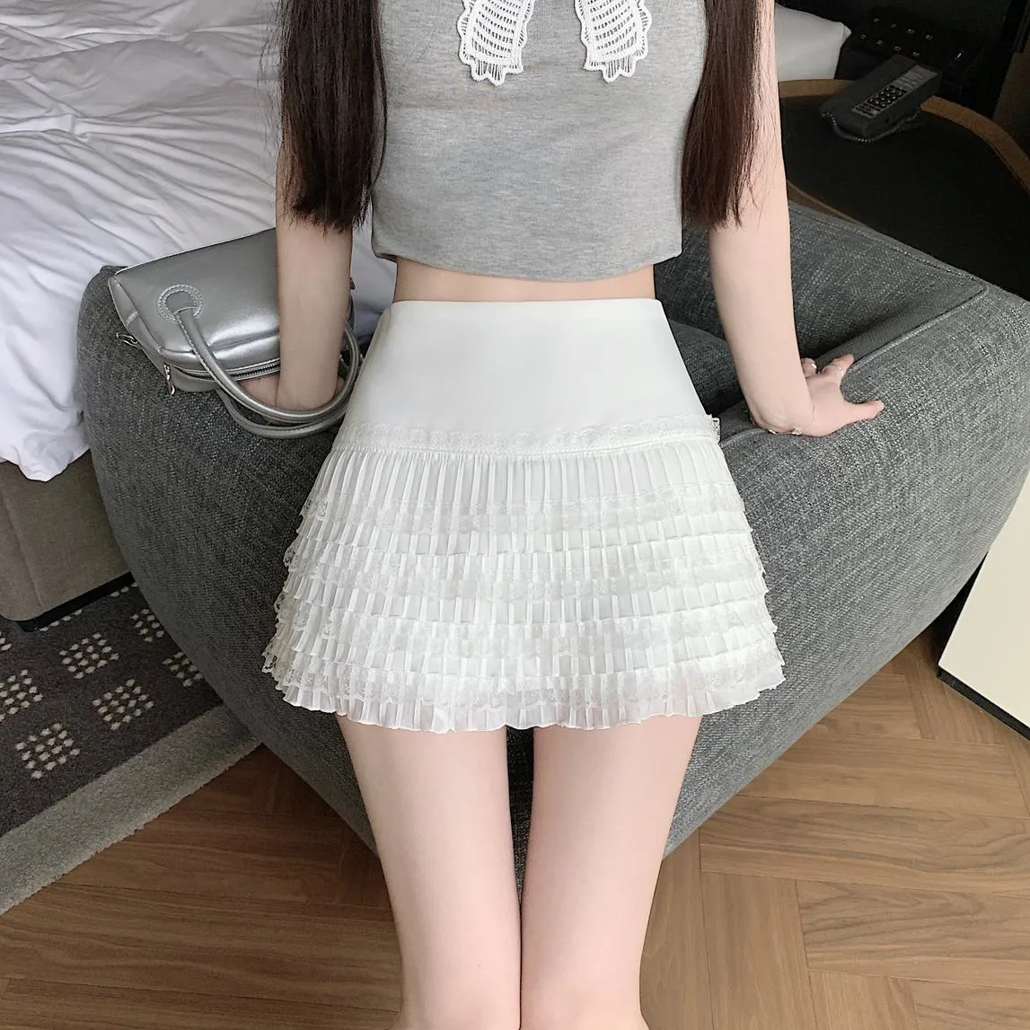Solid Pleated Skirt Featuring Beautiful Lace Trim