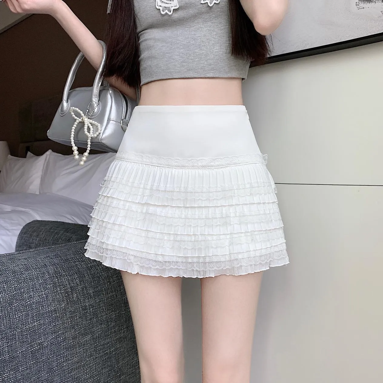 Solid Pleated Skirt Featuring Beautiful Lace Trim