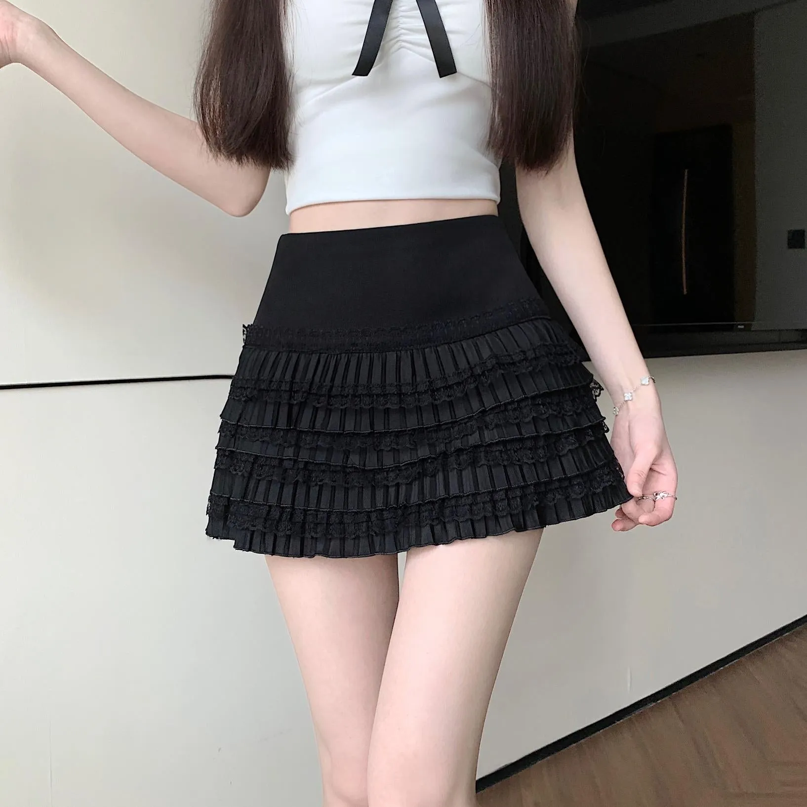 Solid Pleated Skirt Featuring Beautiful Lace Trim