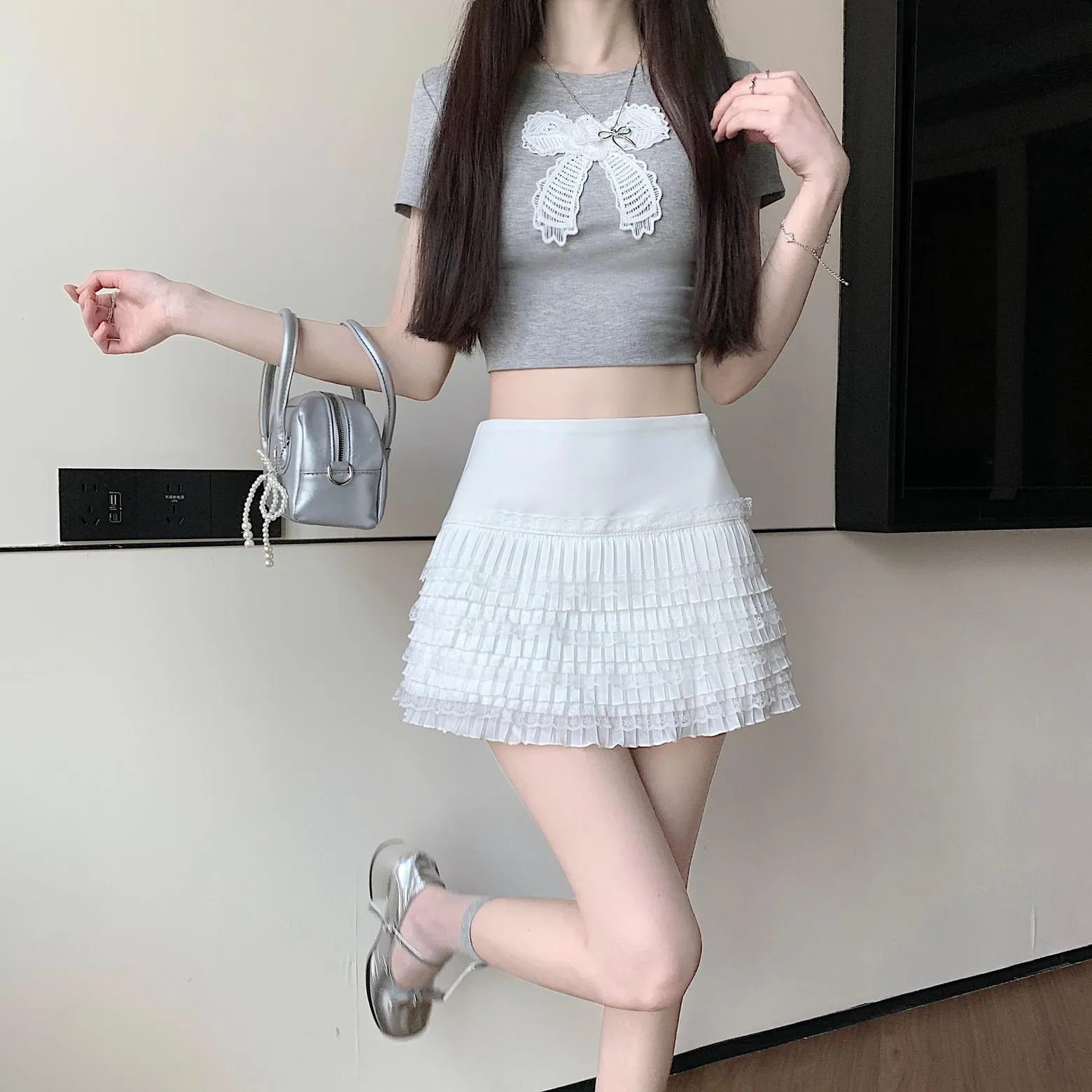 Solid Pleated Skirt Featuring Beautiful Lace Trim