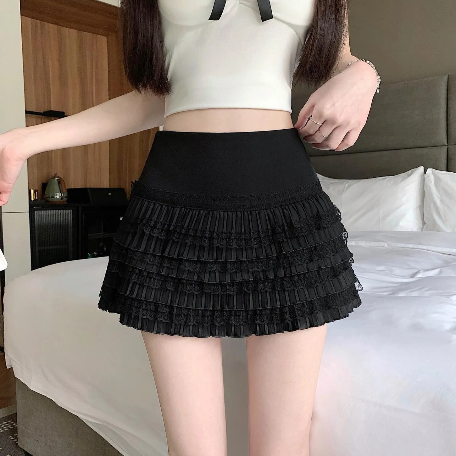 Solid Pleated Skirt Featuring Beautiful Lace Trim