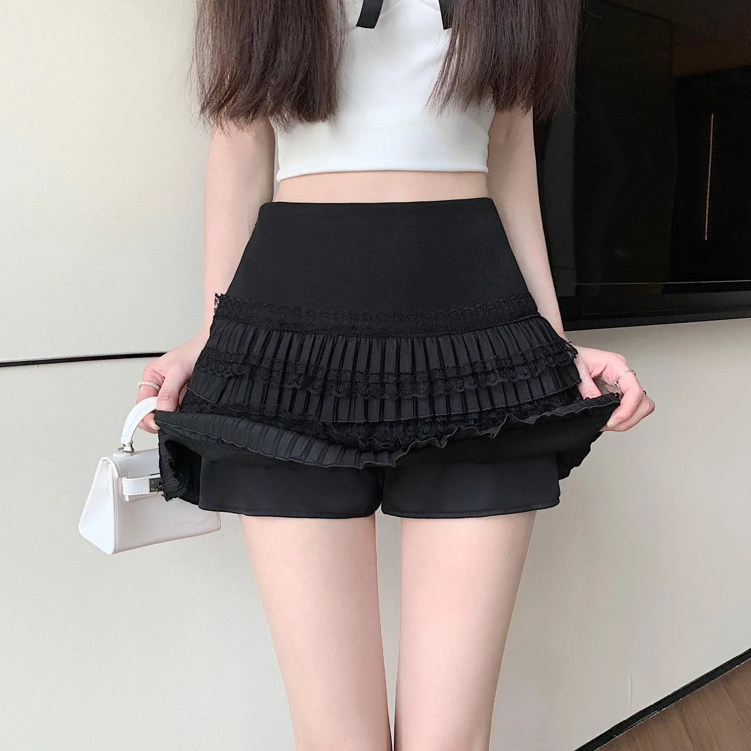 Solid Pleated Skirt Featuring Beautiful Lace Trim