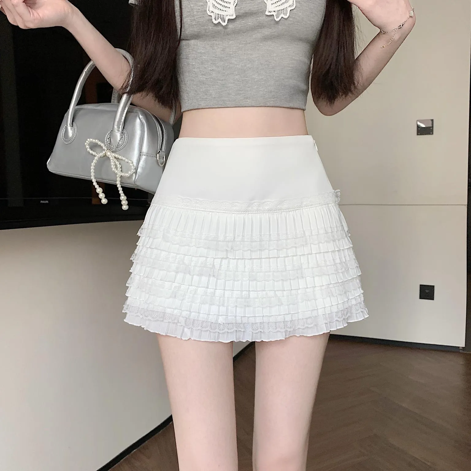 Solid Pleated Skirt Featuring Beautiful Lace Trim