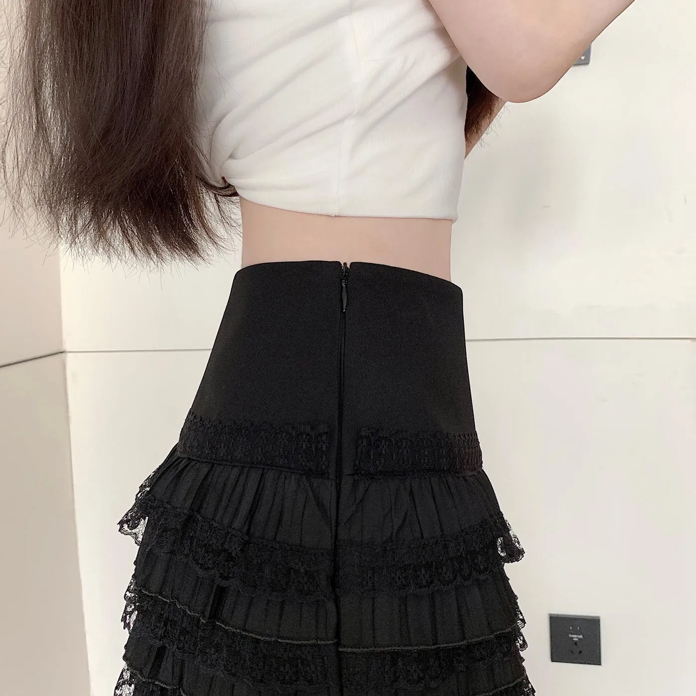 Solid Pleated Skirt Featuring Beautiful Lace Trim